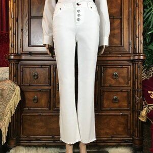 Peace Love World White Button Front Fringe Hem Flare Ankle Stretch Jean